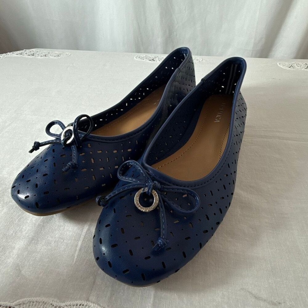 Nautica Navy Blue Perforated Ballet Flats | Bow Accent Slip-On Shoes | Casual Co